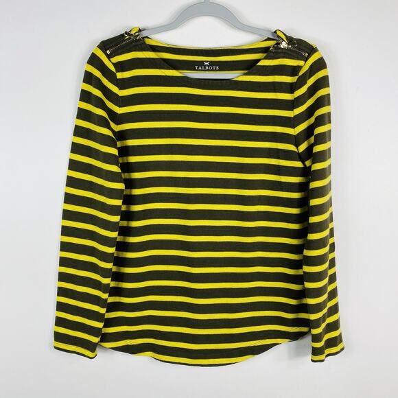 Talbots Size Small Striped Zip Shoulder Knit Top Yellow Brown 100% Cotton - Picture 2 of 6